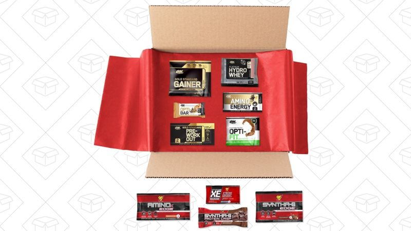 Caja con muestras de proteínas Optimum Nutrition y BSN, $8 + $8 de crédito
